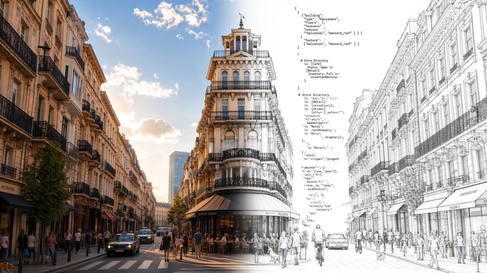 A Brussels street corner that dissolves from photograph into line drawing and machine-readable annotations (AI-generated image)
